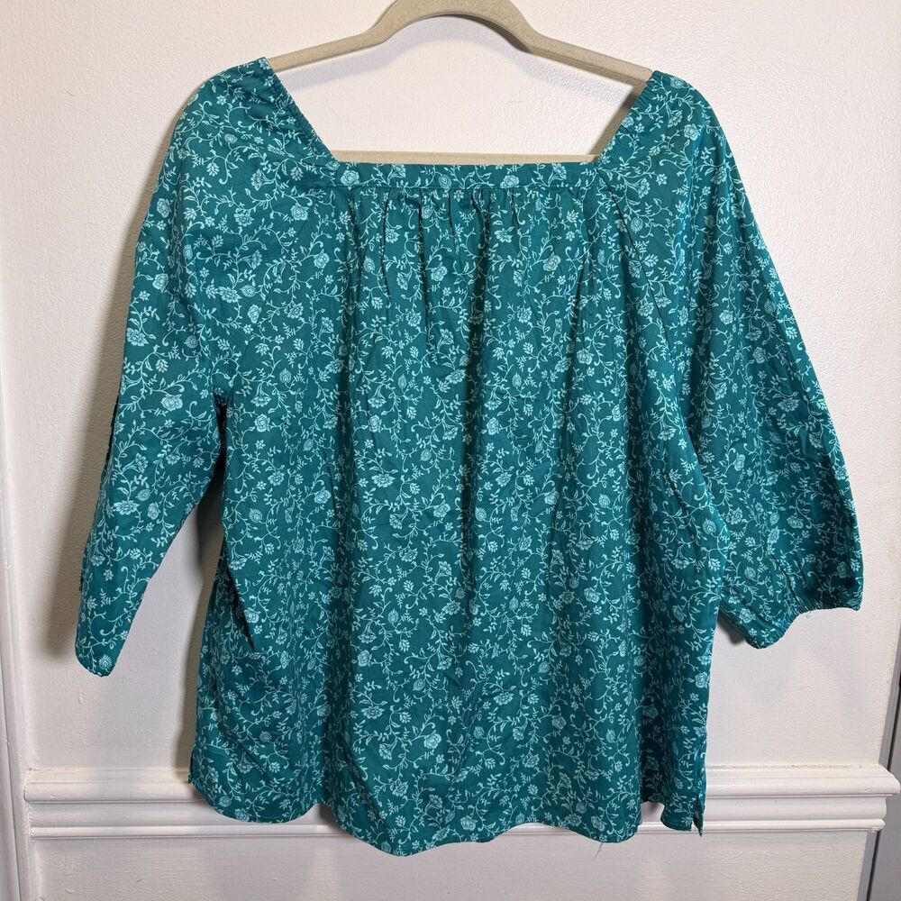Denim & Co Womens 1X Teal Floral Peasant Blouse Cotton Stretch Cottagecore